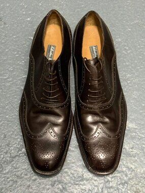 SALVATORE FERRAGAMO TRAMEZZA Dark Brown Brogue Wingtip Leather Shoes Sz 10.5 EE
